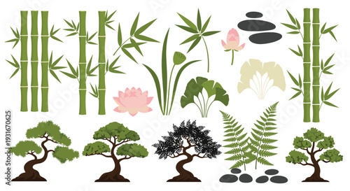 Serene Zen Garden Elements Featuring Bamboo Plants Lotus Flowers Bonsai Trees Ferns and Smooth Stones for Tranquil Asian Inspired Design