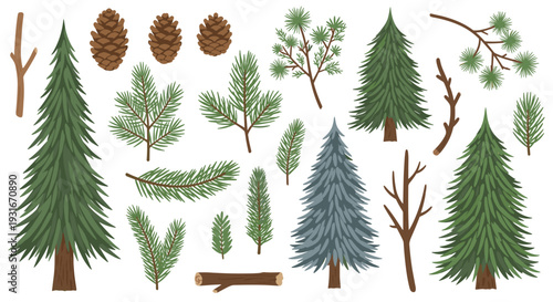 Collection of pine trees and branches with pine cones and logs in a natural forest theme illustration