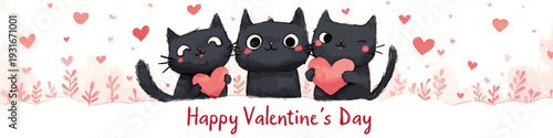 Three cartoon black cats holding red hearts with floating additional hearts against a white background. Three black cats holding hearts celebrating Valentine's Day