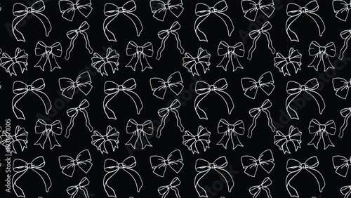 Sophisticated black seamless pattern with white linear ribbon bow icons for premium fashion brand backgrounds