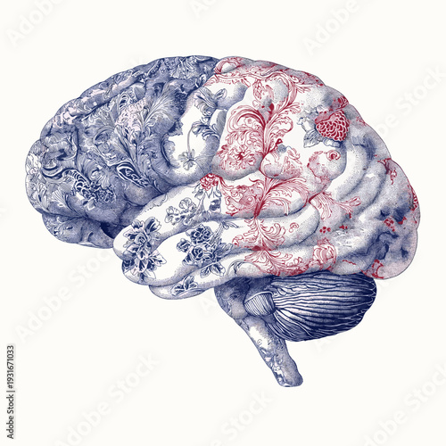 Human brain with intricate floral patterns blending blue and red against a white background. Patterned brain illustrating creative thought and complex mind