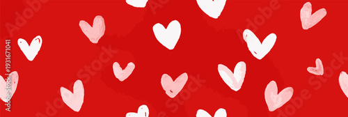 White outline and filled hearts scattering on a red watercolor textured surface. Hand drawn white hearts seamless pattern on red background