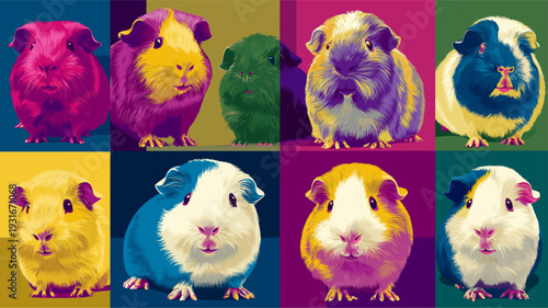 Nine cute guinea pigs in a colorful pop art distinct grid pattern. Pop art guinea pig distinct pet portraits grid