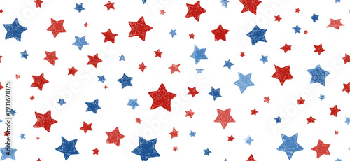 Red and blue stars forming a cheerful, seamless American flag inspired pattern. USA colors star pattern creating a patriotic background