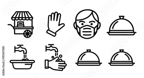 Flat lay of eight black line icons depicting food service hygiene practices on a white background.