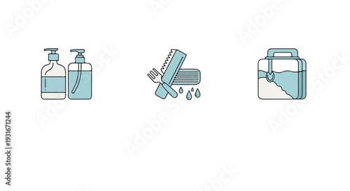 Line art illustration of hand sanitizer bottles, a syringe with liquid droplets, and a lunchbox on a white background.