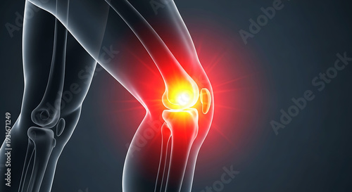 Human knee joint pain inflammation and anatomy of leg with red glow highlight