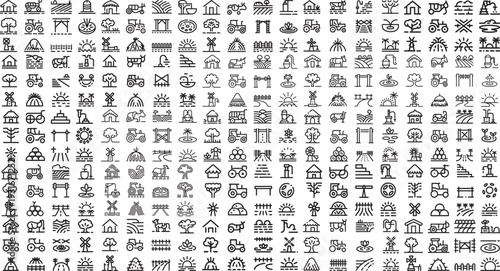 Collection of various agriculture and rural life icons in line art style on white background