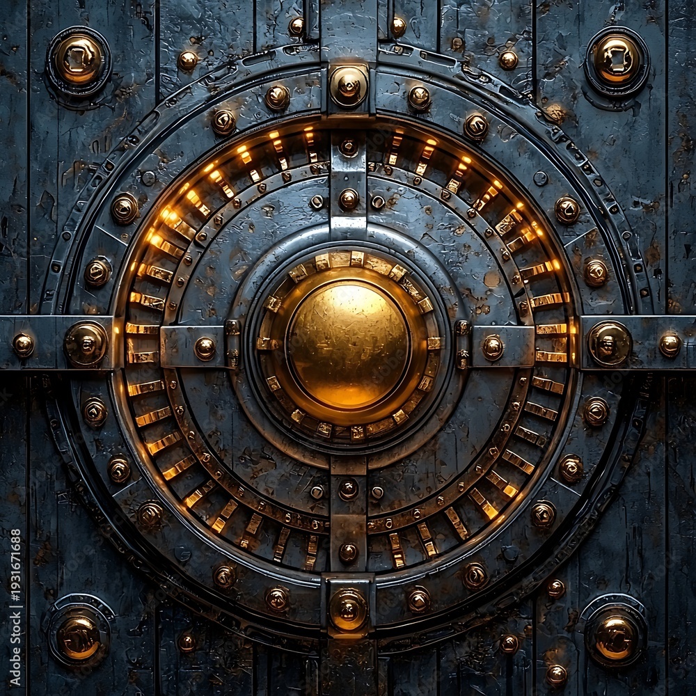 Obraz premium Mysterious Steel Vault: An ornate, industrial-style vault door, showcasing a fusion of cold steel and warm golden accents. It's a striking design that hints at secrets within.