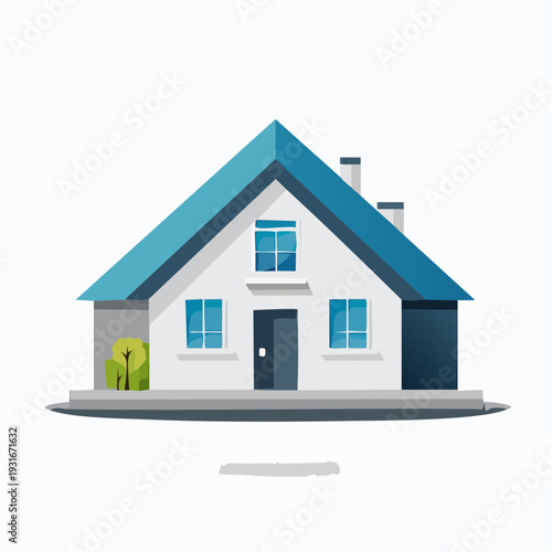 Modern suburban house illustration featuring a crisp blue roof and white walls, symbolizing a welcoming family home