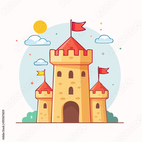 Fabulous Cartoon Castle with Flags and Clouds, a Whimsical and Enchanting Medieval Fortress