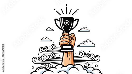 Victorious hand holds a golden trophy high above swirling white clouds and wind patterns, representing ultimate achievement.