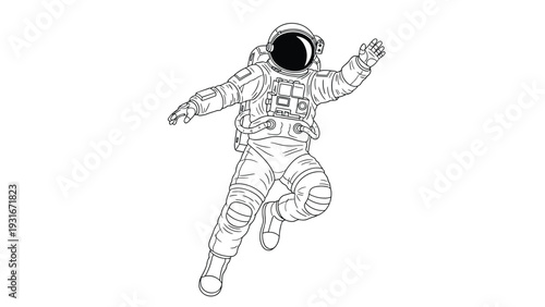 Black and white line art illustration shows an astronaut floating gracefully in space, perfect for sci-fi or exploration themes.