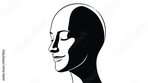 Minimalist black and white profile of a person with closed eyes expresses a sense of inner peace, meditation, and tranquility.