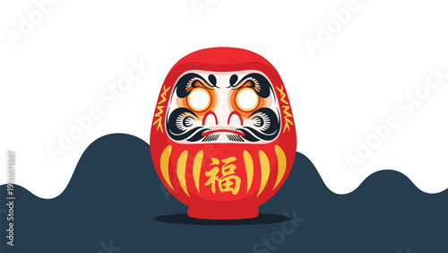 Traditional Japanese Daruma doll is illustrated in red and gold against a dark blue mountain silhouette and white sky background.