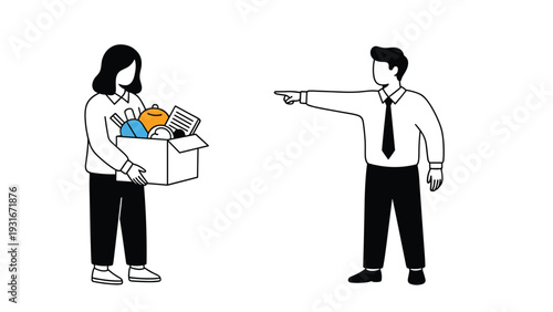 Line art illustration shows a boss pointing towards the exit while an employee holds a box of belongings after being fired.