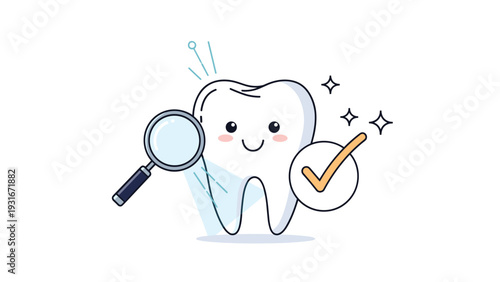 Happy tooth character with a smiling face is inspected by a magnifying glass and a checkmark for dental health and hygiene.