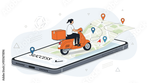 Food delivery service concept features a person on a scooter over a mobile phone showing a map with various location pins.