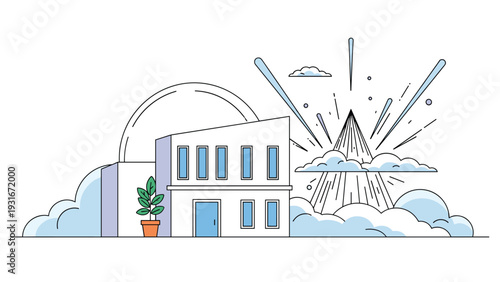 Contemporary residential house stands against a backdrop of clouds and a glowing geometric sun symbol in a minimal linear architectural drawing.
