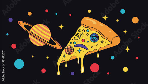 Surreal cheese pizza slice floats through outer space past the planet Saturn and colorful stars in a playful and creative cosmic food illustration.