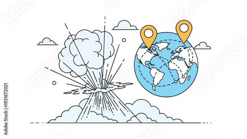 Explosive volcano eruption with clouds of ash is paired with a global map and location pins to represent natural disaster monitoring systems.