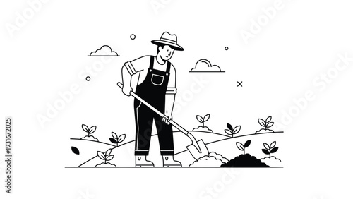 Hardworking farmer in overalls and a hat uses a shovel to dig in a garden field with young plant sprouts under a cloudy sky in line art style.