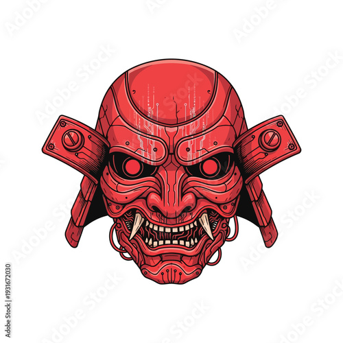 Cyber Samurai Mask with Futuristic Tech Details and Glowing Red Eyes