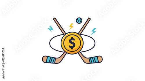 Crossed ice hockey sticks and a puck are positioned behind a gold dollar sign coin to represent the commercial business and betting in sports.