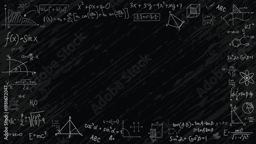 Classic black chalkboard texture with hand drawn mathematical equations for back to school marketing materials