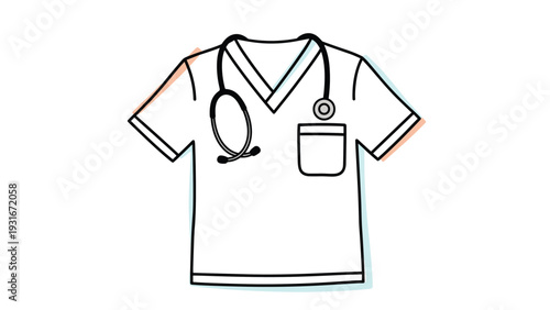 Simple line drawing of a medical scrub shirt with a pocket and a stethoscope represents the uniform of healthcare professionals like doctors.