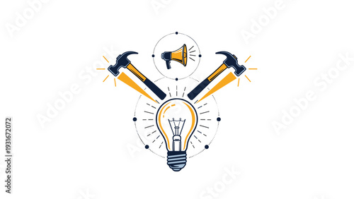 Glowing light bulb surrounded by hammers and a megaphone represents the loud announcement of a new constructive idea or industrial innovation.