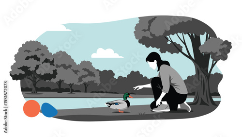 Artistic park scene shows a woman kneeling to feed a mallard duck by a pond with trees in a muted grayscale palette with colorful accents.