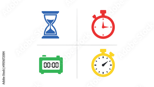 Four distinct icons representing different concepts of time measurement and tracking