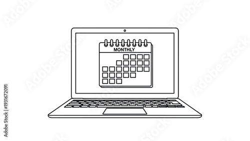 Monthly calendar icon displayed on a laptop screen represents digital scheduling, online planning, and organized time management for business.