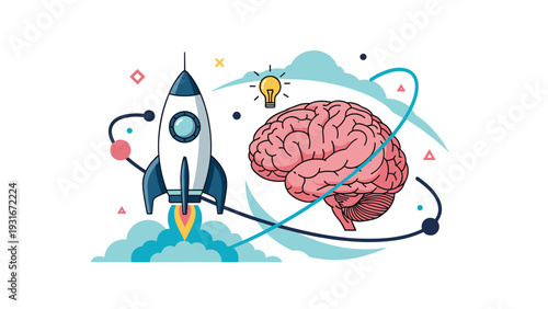 White rocket ship launches into space next to a large human brain representing the power of intelligence and innovative ideas to reach goals.