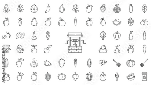 Massive grid of various fruit and vegetable icons surrounds a central image of a traditional brick water well in a clean line art style.