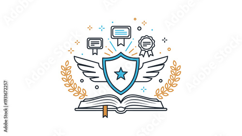 Academic achievement symbol features a winged shield, an open book, and various merit certificates to represent excellence in higher education.