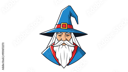 Wise old wizard character with a long white beard and a pointed blue hat is depicted in a detailed vector illustration for fantasy themes.