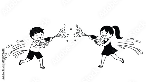 Black and white line drawing of a young boy and girl joyfully playing and splashing each other with water guns in summer.