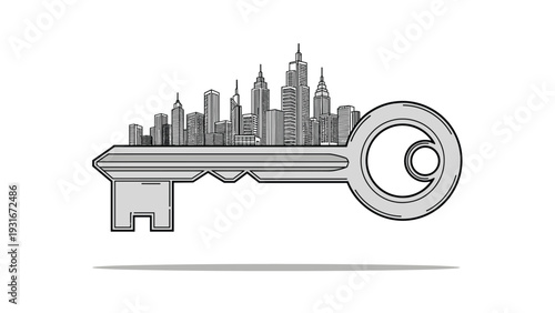 Large metallic key featuring a detailed modern city skyline with skyscrapers built along its top edge to symbolize real estate.