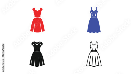 Four stylish dresses displayed in different colors and styles for comparison