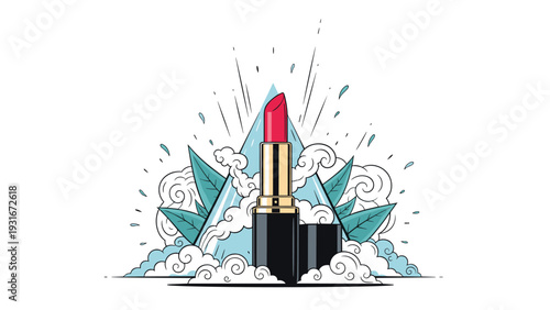 Red lipstick tube positioned in front of a blue triangle with swirling white clouds and green leaves in a creative design.