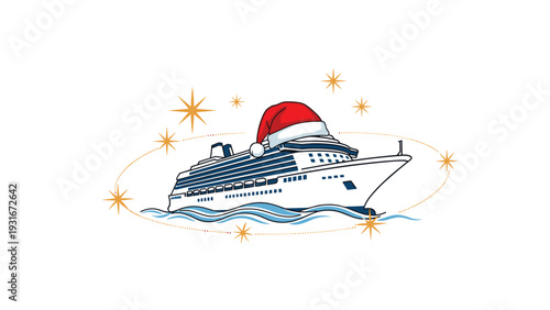 Large white cruise ship sailing on blue waves wearing a red and white Santa hat surrounded by golden stars for the holidays.