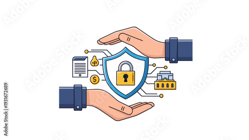 Pair of human hands gently guarding a blue shield with a yellow padlock to represent data protection and financial security.