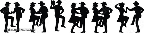 Black silhouettes of country western line dancers and cowboy couples square dancing in boots and hats isolated on white background for festive design