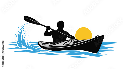 Black silhouette of a person paddling a kayak on blue water with a large yellow sun and splashing waves in the background.