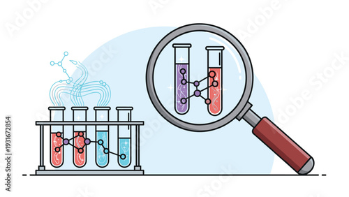 Laboratory scene with four test tubes on a rack and a magnifying glass examining two test tubes with connected molecules.