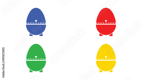 Four colorfully painted eggs with decorative stripes and feet displayed in a grid.