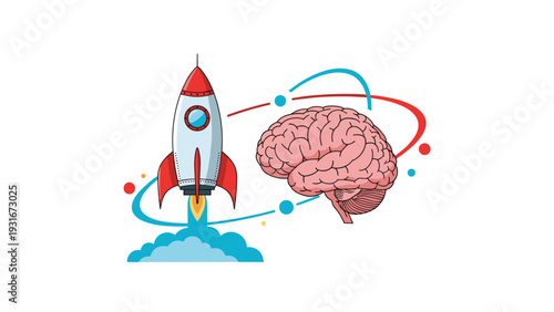 Creative concept showing a space rocket launching next to a human brain with orbital paths representing innovation and growth.