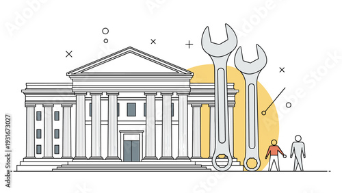 Architectural building resembling a bank or museum being repaired or maintained with two giant wrenches and small figures.